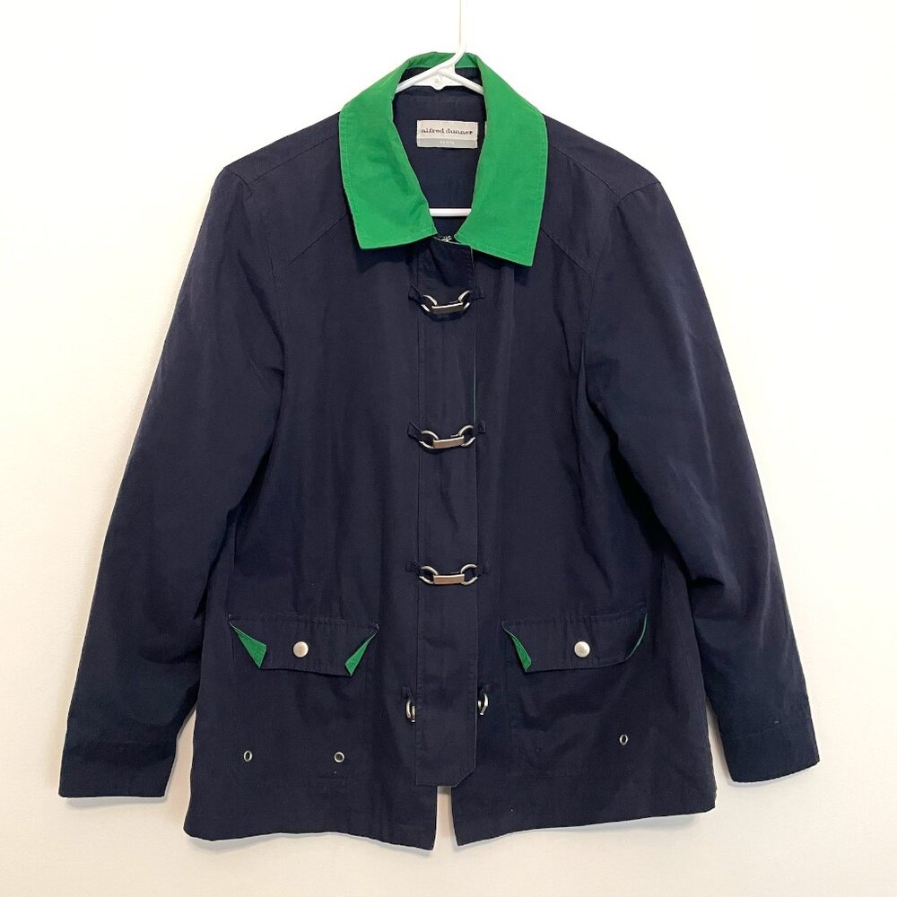 ALFRED DUNNER Navy Blue Green Colorblock Toggle Zipper Lightweight Fall Jacket